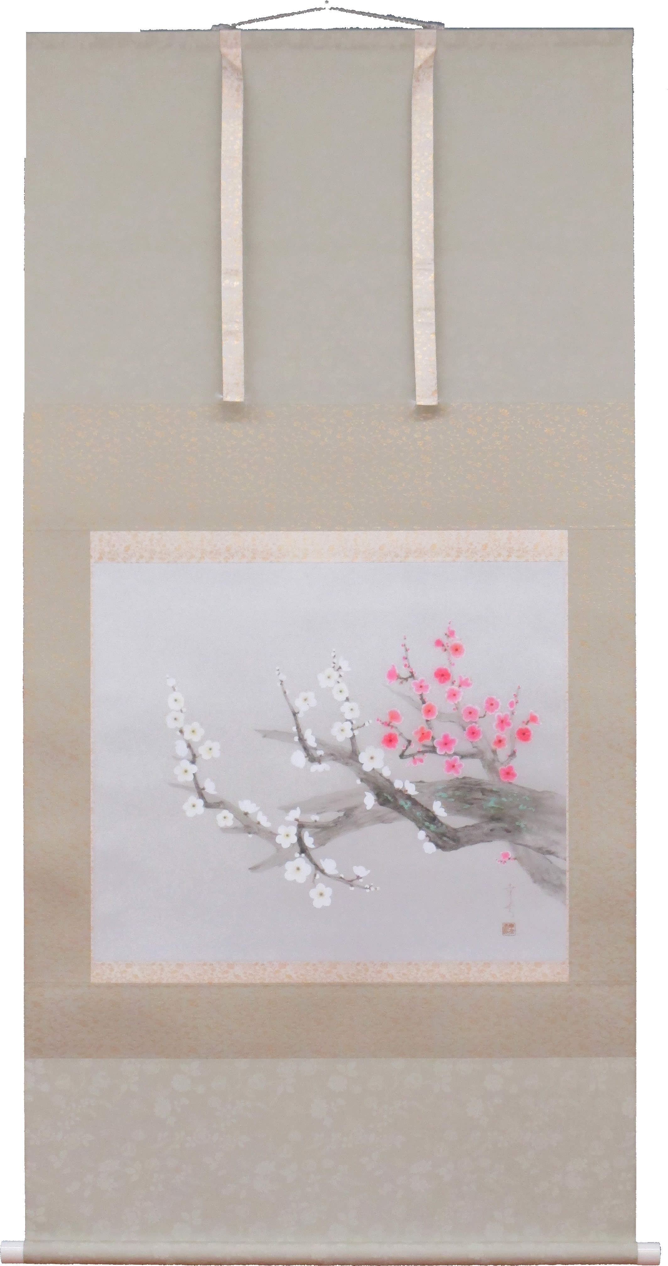 特注品◆ 中川幸彦 『 紅白梅 』 日本画掛け軸 送料無料 掛軸